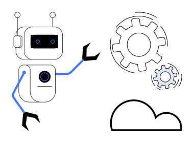 Otomasyon, yapay zeka teknolojisi, bulut sistemleri, yenilik, dijital araçlar, robotlar. Robot viteslerle ve bulut sembolüyle etkileşime geçiyor. Otomasyon ve yapay zeka teknolojisi kavramları
