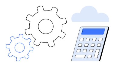Bulut hesaplama, otomasyon, teknoloji yönetimi, iş çözümleri, dijital dönüşüm, veri analizi. Vitesler ve dijital hesap makinesi bir bulutun altında. Bulut hesaplama ve otomasyon kavramı