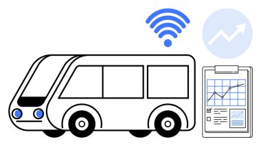 Akıllı hareketlilik, toplu taşıma, teknolojik gelişmeler, şehir planlaması, veriye dayalı çözümler, bağlantı. Biçimlendirilmiş otonom otobüs, panoda kablosuz sembol büyüme grafiği. Akıllı