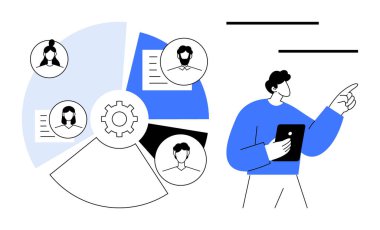 Vites sembollü pasta grafiği, görevlere bağlı profil fotoğrafları ve profesyonel tutucu tableti. Takım çalışması, iş akışı, liderlik, koordinasyon, strateji, organizasyon dijital planlaması için ideal