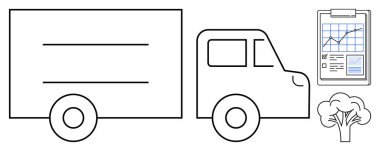 Lojistik, dağıtım, tedarik zinciri, çevresel farkındalık, sürdürülebilirlik, ulaşım hizmetleri. Siyah çizgili kamyon, grafikli pano ve ağaç simgesi. Lojistik ve dağıtım odaklı