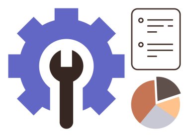 İş yönetimi, süreç iyileştirme, iş akışı optimizasyonu, analitik, işlemler, veri görselleştirme. Vites, anahtar dokümanı ve pasta grafiği simgeleri. İş yönetimi ve süreç iyileştirmesi