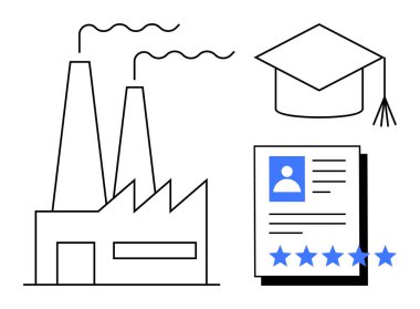 Endüstriyel fabrika, mezuniyet şapkası ve eğitimi, kariyer ilerlemesini ve profesyonel becerileri vurgulayan beş yıldızlı özgeçmiş ikonu. İş gücü temaları, iş başvuruları, endüstri gelişimi için ideal