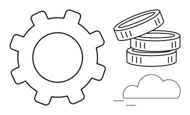 Teknoloji, finans, bulut hesaplama, yenilik, dijital dönüşüm, endüstri. Vites biçimi, birikmiş madeni paralar ve taslak biçiminde bulut çizimi. Teknoloji ve finans kavramları