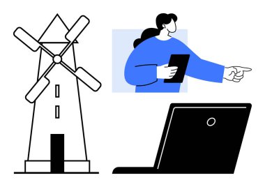 Yenilenebilir enerji, teknoloji, dijital dönüşüm, takım çalışması, karar verme, eğitim. Yel değirmeni, dizüstü bilgisayarcı. Modern takım çalışmasında yenilenebilir enerji ve teknoloji fikirleri