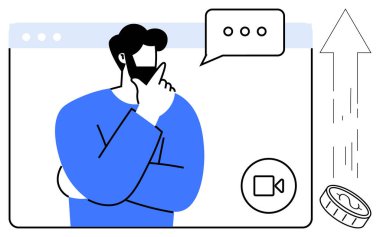 Çevrimiçi öğrenme, iş büyümesi, iletişim araçları, finansal planlama, uzaktan çalışma, fikir görselleştirme. Web arayüzü içinde düşünen bir adam sohbet, video çağrısı ve büyüme simgeleri ile. İş dünyası