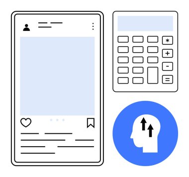 Dijital öğrenme unsurları. Dijital öğrenme sosyal medya arayüzü, hesap makinesi ve zihin büyüme sembolü ile gösterilir. Dijital öğrenme, eğitimi, analitiği ve yeniliği teşvik eder