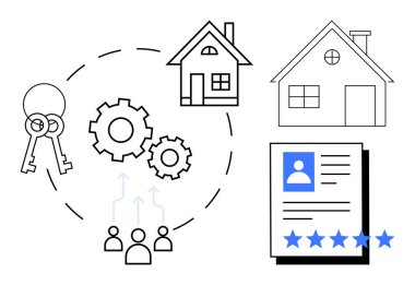 Anahtarlar, evler, vitesler ve emlak hizmetlerini, kira sözleşmelerini, mülk mülkiyetini, iş akışı verimliliğini temsil eden bir müşteri değerlendirme ikonu. Konut ve müşteri geribildirim emlak işi için ideal