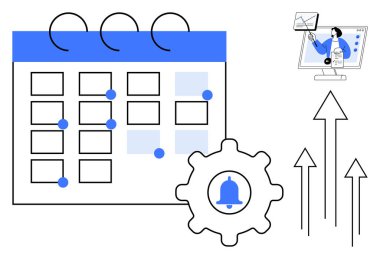 Program konsepti. Bildirimli teçhizatlı takvim simgesi ve büyüme okları çizelgesi, verimlilik ve planlama ilerlemesi. Zamanlama araçları zaman yönetimi ve organizasyonu geliştirir. İdeal