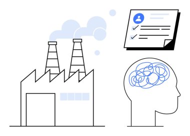 Duman yığınları olan bir fabrika, kontrol işaretli profil listesi ve karmaşık çizgileri olan bir insan kafası. Çevre, endüstri, karar verme, organizasyon, akıl sağlığı ve planlama için ideal