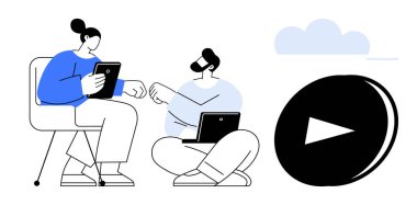 Uzaktan çalışma, çevrimiçi takım çalışması, kurumsal eğitim, dijital araçlar, eğitim, video içeriği. Tabletlerle uğraşan iki kişi, büyük bir çalma düğmesi simgesi. Uzak çalışma ve çevrimiçi takım çalışması kavramı