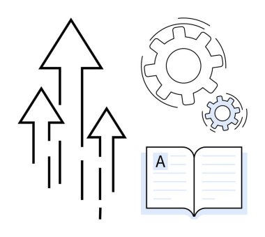 İş başarısı, yenilik, eğitim, strateji geliştirme, beceri geliştirme, süreç optimizasyonu. Yukarı bakan oklar, dişliler ve açık bir kitap. İş başarısı ve yenilik kavramı