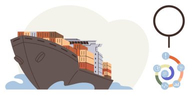 Lojistik, küresel ticaret, ulaşım, tedarik zinciri, deniz taşımacılığı, ekonomi. Kargo gemisi konteynırlarla dolu. Tedarik zinciri elementleri içeren lojistik ve küresel ticaret kavramları