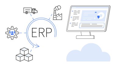 İş yönetimi, işlem optimizasyonu, tedarik zinciri operasyonları, bulut hesaplama, imalat sistemleri, kaynak planlaması. Ekipmanlı ERP metni, fabrika bilgisayar ekranı kutuları bulut. İş dünyası