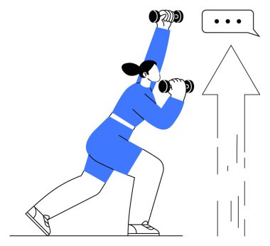 Fitness, kişisel gelişim, motivasyon, sağlık, ilerleme, spor salonu hedefleri. Dambılları yukarı doğru ok ve konuşma balonuyla kaldıran bir kadın. Fitness ve kişisel büyüme kavramsal tarzda
