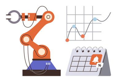 Teknoloji, imalat, veri analizi, programlama, işlem optimizasyonu, iş akışı otomasyonu. Robot kol, çizelge ve takvim. Otomasyon ve iş akışı optimizasyonu kavramsal
