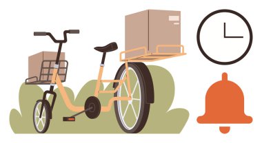 Teslimat servisi, çevre dostu ulaşım, lojistik, nakliye, zamanlama, bildirimler. Bisiklet kutuları, bir saat ve bir çan simgesi taşıyor. Teslimat hizmeti ve çevre dostu ulaşım konsepti