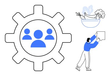 Takım çalışması konsepti. İkonların ortak çalışması, hedeflere ulaşmak için insanları birbirine bağlamak. Takım çalışması üretkenliği, sağlıklı alışkanlıkları ve yeniliği teşvik eder. İşletmeler, eğitim, sağlık teknolojisi görselleri için