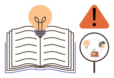 Öğrenme, eğitim, yenilik, araştırma, problem çözme ve perakende analizi. Ampullü açık kitap, uyarı işareti ve grafikleri gösteren büyüteç. Yenilik ve araştırma kavramları