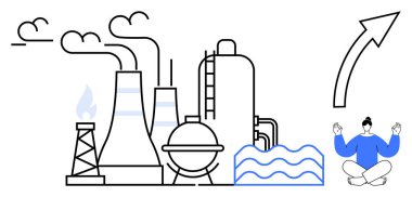 Çevresel farkındalık, endüstriyel büyüme, temiz enerji, sürdürülebilirlik, sağlık, farkındalık. Meditasyon yapan bir kişi ve ok büyüme sembolü olan fabrika ve kirlilik unsurları. Çevresel farkındalık