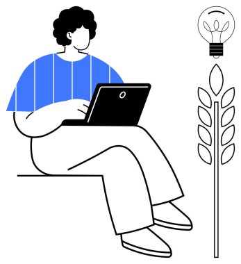 Yenilik, sürdürülebilirlik, yaratıcılık, teknoloji, yeşil enerji, ilerleme. Bir dizüstü bilgisayarda ampul ve bitkisel tasarım ile çalışan biri. Yenilik ve sürdürülebilirlik kavramı