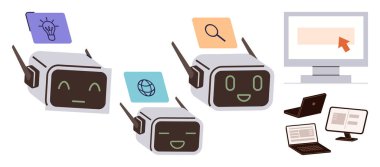 Dijital iletişim, yapay zeka sohbet robotları, web araması, sanal yardım, yenilik ve otomasyon. Monitörleri ve dizüstü bilgisayarları olan şirin sohbet robotları. Yapay zeka sohbet robotları ve web araması