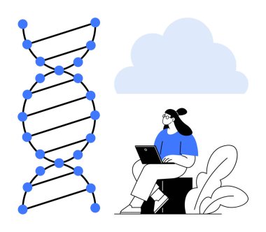 DNA konsepti. Görsel elementler DNA iplikleri, dizüstü bilgisayar kullanan bir kadın ve bulut hesaplama DNA araştırmasını gösteriyor. Araştırma için DNA yeniliği, teknoloji, genetik bilim ve bulut çözümleri