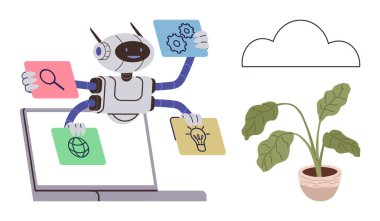 Yapay zeka, yenilik, teknoloji, otomasyon, dijital araçlar ve bilgi sistemleri. Robot dizüstü bilgisayar ve saksı bitkisinin yanında konsept kartlar tutuyor. Yapay zeka