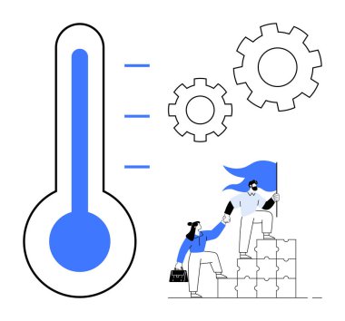 Hedef belirleme, iş birliği, performans takibi, takım oluşturma, ilerleme, problem çözme. İki figür bulmaca parçalarına tırmanıyor, dişliler ve termometrenin yanında bir bayrak tutuyor. Hedef ayarı