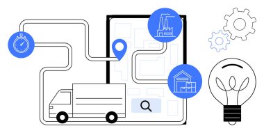 Lojistik, tedarik zinciri, teslimat yönetimi, ulaşım, endüstriyel yenilik, depo takibi. Kamyon, güzergah haritası, iğne fabrikası ve ampul. Lojistik ve tedarik zinciri kavramı