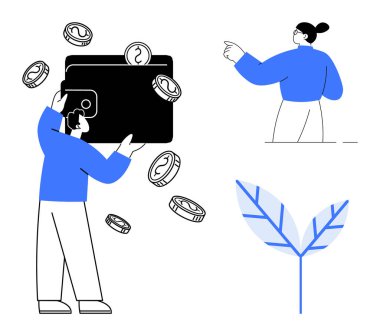 Mali güvenlik, dijital ödemeler, e-ticaret, tasarruf, yatırım, ekonomik sürdürülebilirlik. İçinde bozuk paralar ve soyut grafikler olan bir cüzdan tutan kişi. Mali güvenlik ve dijital