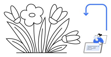 Eğitici bir kavram. Dijital etkileşim temalı siyah beyaz bir çiçek çizimi. Eğitim faaliyetleri, doğadan esinlenilmiş öğrenme, yaratıcılık geliştirme ve dijital entegrasyon araçları