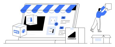 E-ticaret konsepti. E-ticaret unsurları arasında bir çevrimiçi mağaza önü, ürün ambalajı ve nakliye görselleri yer alıyor. E-ticaret online alım ve teslimatı basitleştirir. İş, perakende, lojistik