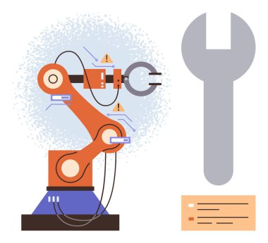 Otomasyon, robot bilimi, mühendislik, endüstriyel bakım, yenilik, teknoloji. İngiliz anahtarının yanında uyarı işaretleri olan bir robotik kol. Endüstriyel mühendislikte otomasyon ve robot odaklı