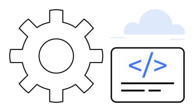 Yazılım geliştirme, bulut teknolojisi, programlama, kodlama, sistem entegrasyonu, bilişim altyapısı. Simge tarzı teçhizat, bulut ve kodlama elementleri. Programlama ve bulut teknolojisi kavramı