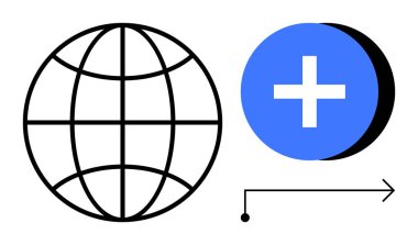 Küresel bağlantı kavramı. Dünya küresi ve artı simge büyümesi, ağ genişlemesi ve işbirliği. Küresel bağlantı arasında teknoloji, ortaklıklar, ilerleme, yenilik ve iletişim yer almaktadır