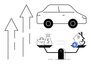 Finansal büyüme. Oklar, araba, para ve emlak ikonları ile mali büyüme. Finansal büyüme para yönetimi, varlık değerlemesi ve yatırım planlamasını içerir. İş ekonomisi için ideal
