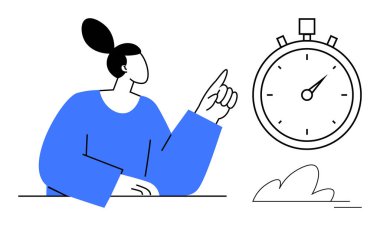 Zaman yönetimi, dakiklik, görev çizelgesi, verimlilik, son teslim tarihi farkındalığı, verimlilik. Bir insan büyük bir kronometreyi işaret eder. Zaman yönetimi ve dakiklik kavramı