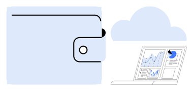 Finansal yönetim, veri depolama, fintech, bulut hesaplama, analitik, teknoloji konsepti. Bulutlu bir cüzdan ve çizelgeleri gösteren bir laptop. Mali yönetim ve veri depolama illüstrasyonu