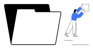 Dosya yönetimi konsepti. Verileri düzenleyen ve yükleyen kişinin bulunduğu büyük bir dizin simgesi dosya yönetim süreçlerini vurgular. Organizasyon, veri sistemleri, depolama, takım için dosya yönetimi