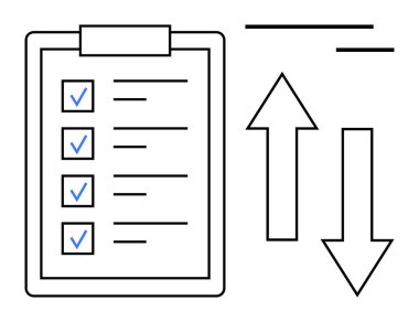 Üretkenlik, görev yönetimi, iş akışı, hedef belirleme, öncelik belirleme, iş planlaması. İşaretli kutular ve yön okları olan bir kontrol listesi. Verimlilik ve görev yönetimi kavramı
