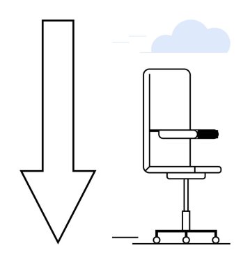 İş arama, kariyer değişimi, ofis dekorasyonu, iş kararları, yer değiştirme, ergonomik mobilyalar. Ofis sandalyesi aşağı doğru büyük bir ok ile çevrili. İş arama ve kariyer geçiş sembolü