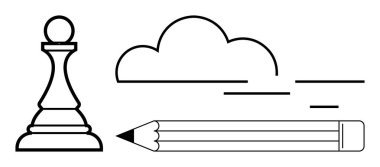 Eğitim, strateji, yaratıcılık, planlama, hayal gücü ve yenilik. Satranç piyonu, tüylü bulut ve kalem minimalist çizgisi sanatı. Strateji ve yaratıcılık