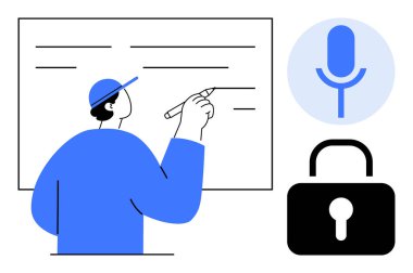 Veri gizliliği, çevrimiçi güvenlik, internet güvenliği, ses kayıt koruması, öğretim, eğitim. Üzerinde yazan kişi, mikrofon kilidi sembolü. Veri gizliliği ve çevrimiçi güvenlik görselleştirmesi