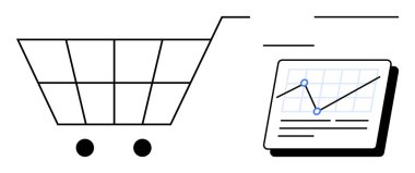 Alışveriş arabasının yanında yükselen bir eğilimi, e-ticareti, pazar eğilimlerini ve tüketici davranışlarını gösteren bir veri tablosu var. Perakende, analitik, finans, pazarlama ve büyüme stratejisi için ideal