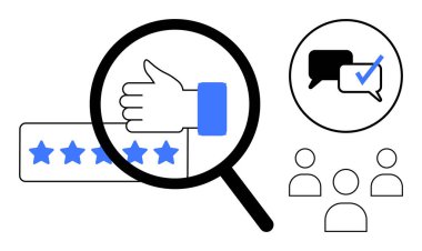 Büyüteç camları, iletişim balonu ve bir grup insanla eşleşen başparmak işareti ve beş yıldızlı dereceye dikkat çekiyor. Müşteri değerlendirmesi, geri bildirim, memnuniyet, değerlendirme, takım çalışması için ideal