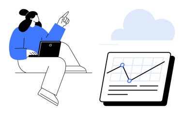 Dizüstü bilgisayarlı bir kadın çizelgeye ve veri görüntüleme paneline bakıyor. Ticari büyüme, veri analizi, bulut hesaplama, planlama, yenilik, teknoloji ekip çalışması için idealdir. Minimalist