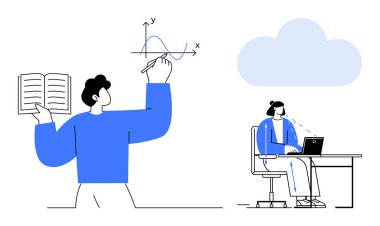 Eğitim ve uzaktan çalışma. Matematik okuyan biriyle eğitim kavramı ve bulut hesaplamasını kullanarak evden çalışan bir diğeri. Eğitim öğrenmeyi ve modern dijital araçları içerir. E-öğrenim için