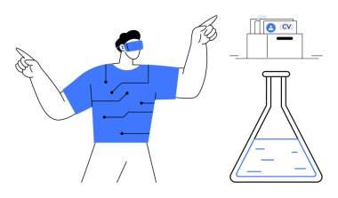 Sanal gerçeklik kavramı. Sanal gerçeklik kullanıcısı, teknolojiyi ve yeniliği vurgulayarak dijital devreleri ve kariyer fırsatlarını araştırıyor. Sanal gerçeklik, bilim, teknoloji ve modern kariyeri birbirine bağlar.