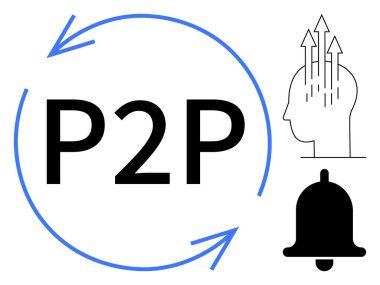 P2P konsepti. Dairesel oklu P2P, büyüyen bir zihin silueti ve akranlar arası verimliliği ve işbirliğini simgeleyen bir uyarı zili. Fintech, ekonomi paylaşımı ve iletişim uygulamaları için